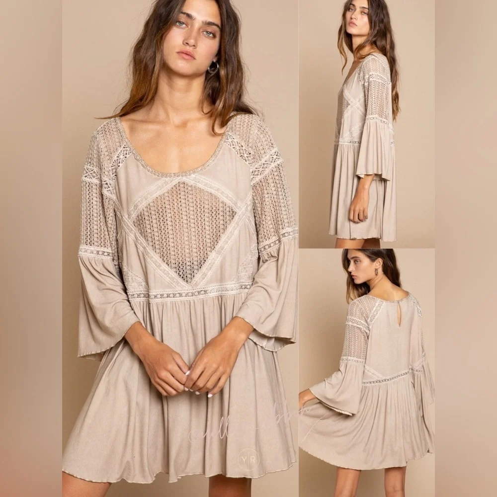 🆕 POL Bell Sleeve Lace Panel Tunic Top/Dress - Picture 1 of 4